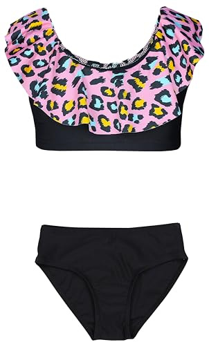 Aquarti Mädchen Bikini Set Bustier Bikinislip Zweiteiliger Badeanzug, Farbe: 037 Rüsche Bikini Leopardenmuster Schwarz Koralle, Größe: 134