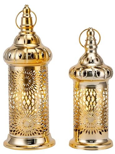 TRIROCKS Ramadan 2er-Set 32 cm & 25 cm Goldene Elektrische Kerzenhalter Mit Timer Dekorative Vintage-Laternen Aus Metall Für Innen- Und Außendekoration