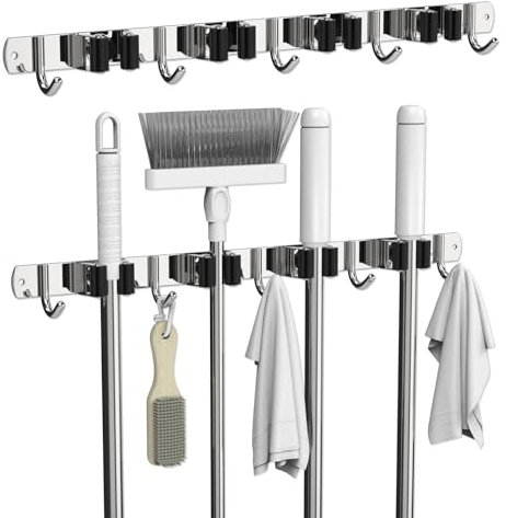 3-H 1 Pièce Porte Balai Mural 43cm,Accroche Balai Mural Cintre Acier Inoxydable avec 4 Emplacements et 5 Crochets Sans Percage pour Cuisine, Salle de Bain, Garage et Jardin