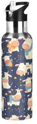Niigeu Étoiles De Bébé Vaches Sans Couture Bouteille d'eau Isotherme avec Paille en Acier Inoxydable Gourde, Sans BPA Gourdes Eau pour Enfant Sport Randonnée École Bureau (600ml/1L)