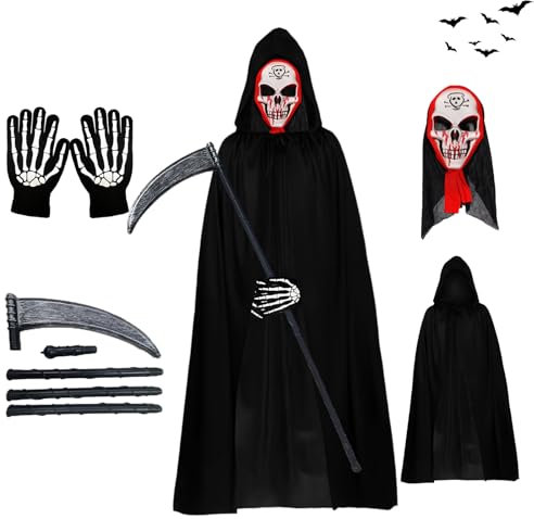 AOMAIGAD Halloween Disfraz de Parca, Disfraz de Parca, Disfraz de Grim Reaper con Sombrero, Guantes, Hoz, Disfraz de Muerte,para Halloween Fiesta Carnival Costume Cosplay (Adulto-C)