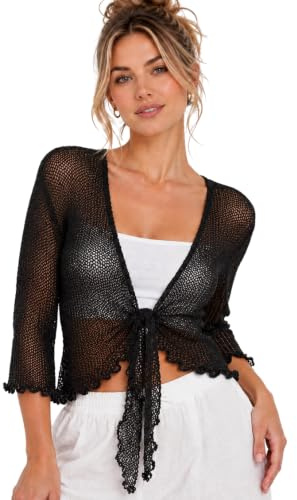 Janisramone Nuevo Mujeres Señoras Doble Fino Tricotar Bali Corbata para Arriba Bolero Encogimiento de Hombros Recortado Elástico Cárdigan Cima