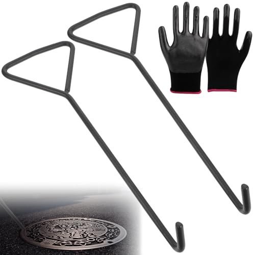 Lot de 2 crochets de 25 cm pour couvercle d'égout avec gants, couvercle de regard avec poignée triangulaire, lève-couvercle de regard et crochets pour couvercle d'égout, portes de volets roulants