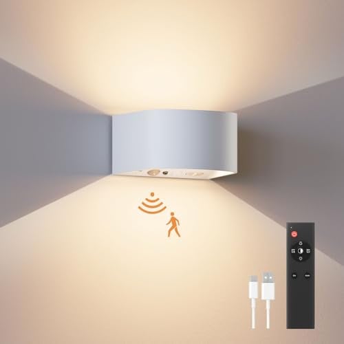 FULEN Wall Lights Motion Sensor, Remote Control, 3 Colors,Up and Down Indoor LED Wall Sconces,On and Auto Modes,5000mAh Rechargeable Battery Operated Wall Lamps for Bedroom,Living Room,Stairs 1 Pack