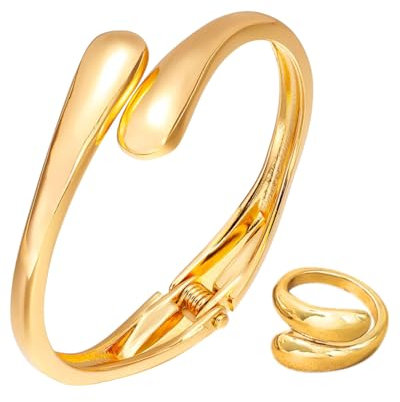 BPTRKOM 1 Stück Goldener-Armreif im Tropfen-Design –Armband mit Bypass-Verschluss,Statement-Schmuck für Handgelenk & Arm,Elegantes Armband für besondere Anlässe(wird mit dem gleichen Ring geliefert)