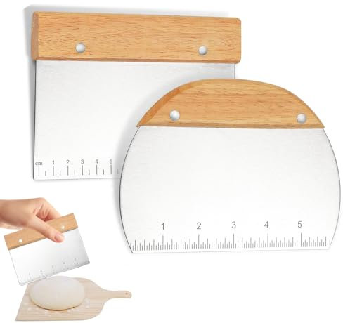 Teigschaber Edelstahl, 2 Stück Teigschaber mit Holzgriff Lebensmittelqualität Teigschneider Küchenspachtel Gebäckschaber für DIY Brotschneiden Pizza