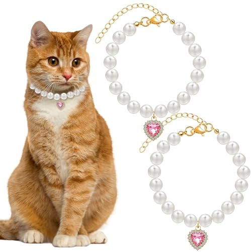 2-teiliges Katzenperlenhalsband mit herzförmigem Anhänger, Strass, süße Perlen-Haustierhalskette, verstellbare Größe, Kleiner Hundeschmuck, Zubehör für Welpen, Mädchen, Katzen für Hochzeitsfeiern