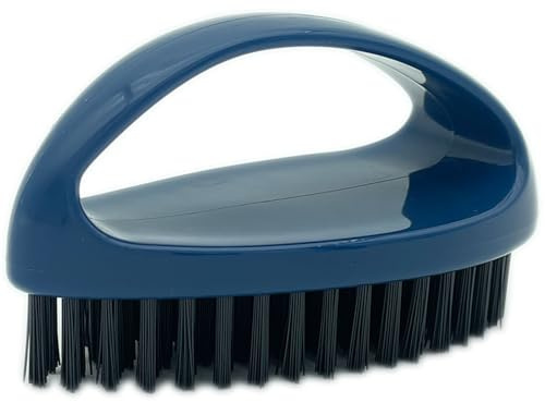GKETN Small Scrub Brush with Nylon Bristles - Heavy Duty Cleaning Brush for Bathroom, Kitchen, Grout, Tiles - Non-Slip Teardrop Handle & Hangable Design - Deep Blue