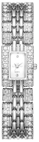 JewelryWe Damenuhr Rechteckig Diamant Uhr: Glitzer Strass Analog Quarz Armbanduhr Damen Silber Metallarmband Ultradünn Klein Luxuriöse Elegante Uhr mit Eckigem Zifferblatt