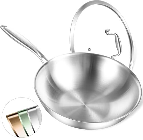 DELARLOCHEF Edelstahl Pfanne 33cm/13Inch Einhandgriff Dreischicht Edelstahl Wok,Effizientes Wärmeleitvermögen,Induktionsfähig,20% Energiesparend,Ofenfest bis 400°C,Unbeschichtet Pfanne