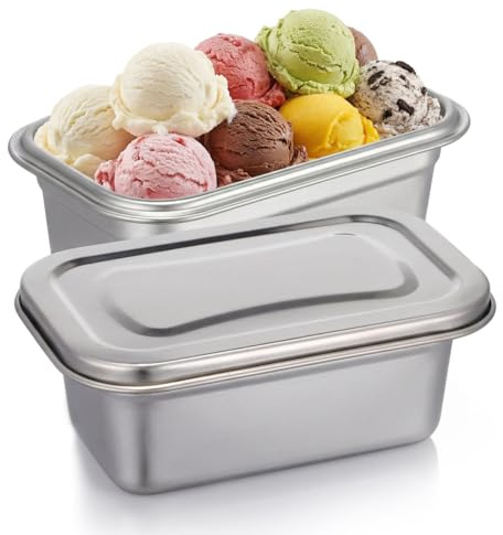 OUNONA Contenedor de helado de acero inoxidable con tapa hermética de 6.46 x 4.02 x 2.56 pulgadas, caja de almacenamiento para helado casero y conservación de la frescura de los alimentos