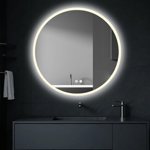 ApeJoy 60cm Badspiegel mit Beleuchtung Rund und mit Antibeschlag, Badezimmer Runder Spiegel mit Licht und mit Touch-Schalter, Memory Funktion, LED Licht Weschel 2700-6500K Warmweiß-Kaltweiß-Neutral