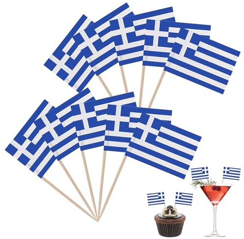 100 Stück Griechenland Flagge Zahnstocher Deko,Greece Länder Zahnstocher Flaggen Fähnchen Kleine,Mini Griechische Cocktail Obst Obst Geschenk,Cupcake Toppers Stick für Party,Toothpick Tortendekoration