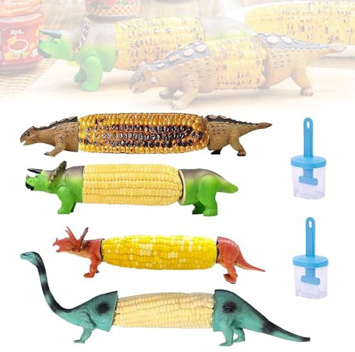 Dinosaur Corn Cob Holders, 2025 New Unique Dino Corn Cob Holders, Universal Corn Fit with Stainless Steel Prongs, with 2 Oil Brush, Reusable & Easy to Clean, Birthday Party Decor