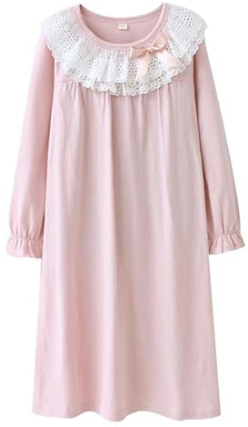 Boodtag Girls Princess Nightgown Long Sleeve Elegant Nightdress Pajamas with Ruffle Lace Collar Casual Summer Cotton Midi Dress Soft Comfy PJ Nightwear for 3-12 Years Pink