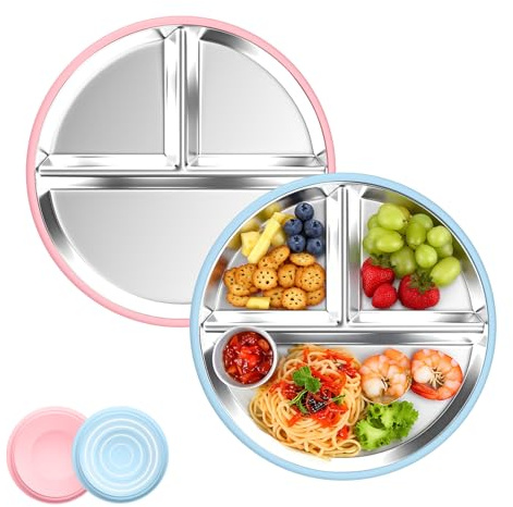 Edelstahl Baby Teller mit Saugnapf, 2 Stück Ø20cm Silikon Kinderteller mit Neu 1 Groß Saugnäpfen, Edelstahl Teller Baby, BPA-frei, Rutschfeste, Abnehmbare Silikonhülle, Kinderteller, Graublau + Rosa