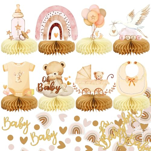 Yuhudany Babyparty Deko Mädchen Rosa, 8 Stück mit Storch Geburt Motiv, Baby-Konfetti, Bienenwaben Mittelstück - Tischdekoration für Babyshowerparty und Babyparty