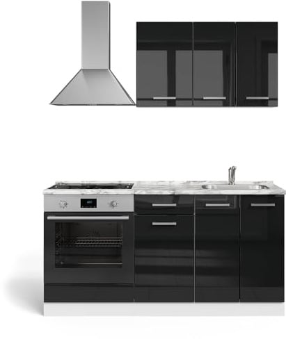 Vicco Cocina para Solteros R-Line, Negro Brillo/Blanco, 160 cm | con módulo horno y fregadero con ES, preparado para la integración de electrodomésticos y fregadero