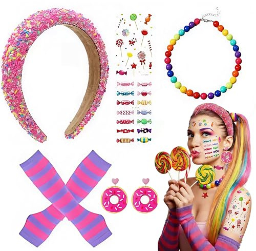 Eyezeeption Lollipop Kostüm, Bonbonfarbenes Haarband Haarreif Mädchen Candy Kostüm Damen, Karneval Accessoires Candy Girl Damen Fasching Karneval
