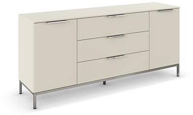 Rauch Möbel Flipp, Kommode, Farbe Beige, Breite 160 cm | Sideboard, 2-türig, 3 Schubladen, Soft-Close, Griffe, Metallkufe Chrom, für Schlafzimmer, Gästezimmer, Wohnzimmer