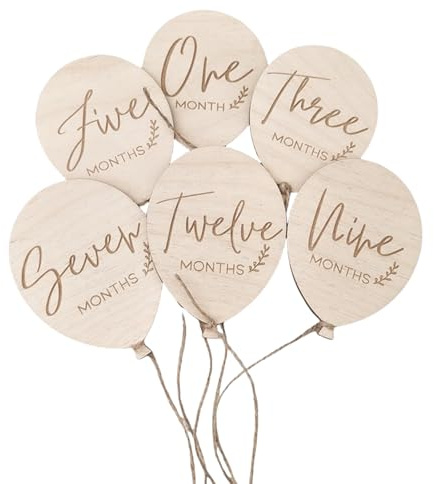 Basswood Baby Milestones Signs with Balloon Designs Wooden Baby Month Cards for Monthly Photos & Nursery Decoration Newborn Photography Props