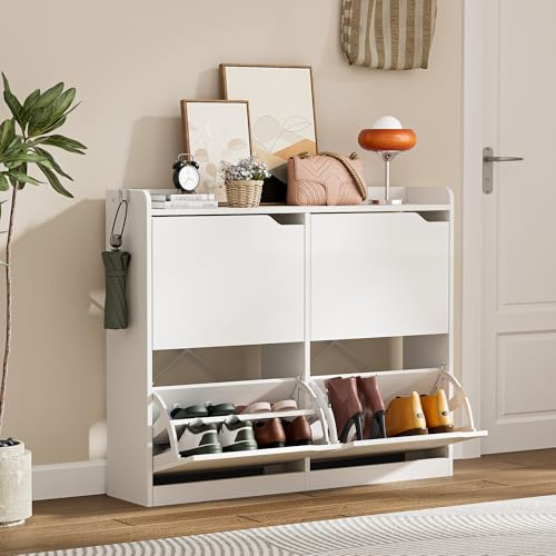 ChromaCasa Schuhschrank Schmal mit 4 Klappen, Platzsparender Schuhkipper Holz Schuhkommode Schuhregal mit 4 Ablagen und Geriffelte Türen für Diele Flur, für 16-28 Paar Schuhe 24x106x88cm Weiß
