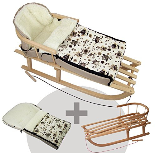 BAMBINIWELT Kombi-Angebot Holz-Schlitten mit Rückenlehne & Zugseil + universaler Winterfußsack (108cm), auch geeignet für Babyschale, Kinderwagen, Buggy, aus Wolle im Eulendesign (Motiv $13)
