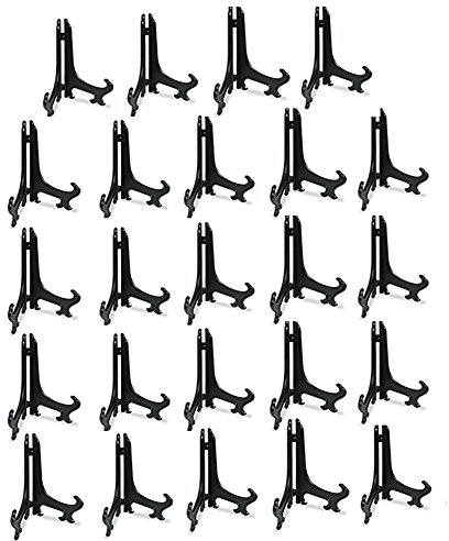 Tincogo 4 Black Plastic Easels or Stand/Plate Holders to Display Pictures or Other Items at Weddings, Home Decoration, Birthdays, Tables (24 Pack)