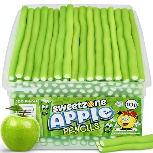 Sweetzone Apple Pencils Sweets Tub, Pencil Sweets, 100 pc, Halal Sweet, American Gum, British Candy, Sweet Pie, Licorice Candies, Liquorice Allsorts, Irresistible for Candy Lovers