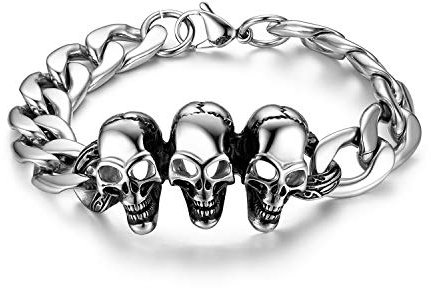 JewelryWe Schmuck Herren Biker Armband Edelstahl Gotik Totenkopf Schädel Skull Panzerarmband Panzerkette Armreif Armkette Silber