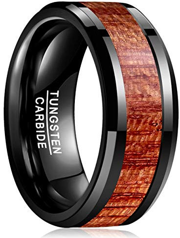 Vakki Ring Herren Hawaii Koa Holz Inlay Hartmetall Band Schwarz Hochglanzpoliert Abgeschrägte Kanten 54(17.2)