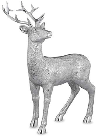 H.Bauer jun. Kleine stehende Kunststein Deko Hirsch Figur - silbern glänzende Jagdfigur mit Geweih - Silberglanz Weihnachts-Deko zum Hinstellen Höhe 28 cm