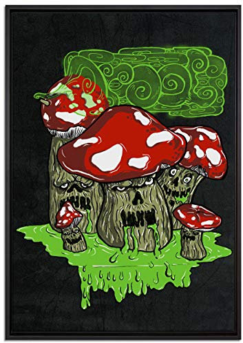 Pixxprint Drooling Shrooms Black Leinwandbild 100x70 cm im Bilderahmen, Wandbild, Schattenfugenrahmen, Kein Poster