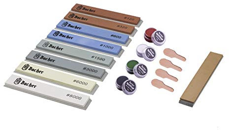 Bacher Pietra per affilatura di coltelli con corindone – set di 8 pietre # 120 - # 8000 + coramella in cuoio per sistemi di affilatura ad angolo fisso, Ruixin e KKmoon