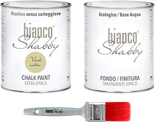 CHALK PAINT Verde Antico & FINITURA + PENNELLO - Pittura Shabby Chic EXTRA OPACA (1 Litro) + Finitura Trasparente Opaco (1 Litro) + 1 Pennello Pro 40 mm