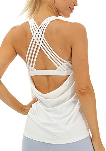 icyzone Damen Sport Tops mit Integriertem BH - 2 in 1 Yoga Gym Shirt Fitness Training Tanktop (M, Off White)
