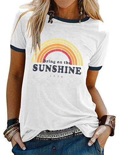 Dresswel Damen Bring On The Sunshine T Shirt Kurzarm Rundhals Regenbogen Top T-Shirt Sommer Oberteile Oben (11-White, M)