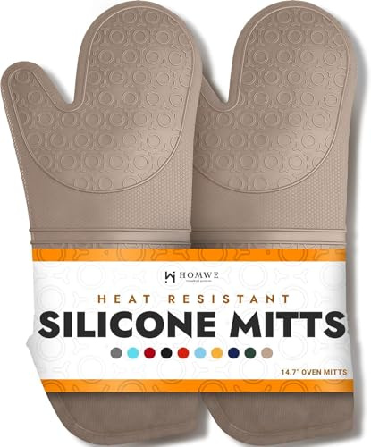 Gants de cuisine en silicone sans BPA ultra résistants à la chaleur jusqu'à 260 °C – Gants de cuisine avec doublure en coton épais – Longs maniques antidérapants, gants de cuisine flexibles – Beige