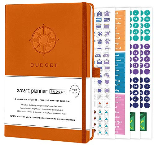 Smart Planner Budgetbuch - Budgetplaner Organizer mit Kalendern, Schuldentracker, Ausgabenblättern, Spar-Trackern und mehr - Innentasche für Quittungen - nicht datiert (Orange)