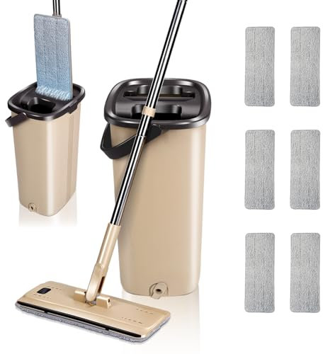 Masthome Mopa Fregona y Cubo Escurridor, Mopa Plana Microfibra con Cubo Doble Compartimento y 6 Recambio Fregona Reutilizables, Mopa Fregona para Suelos de Madera Dura, Laminada, Azulejos y Mármol