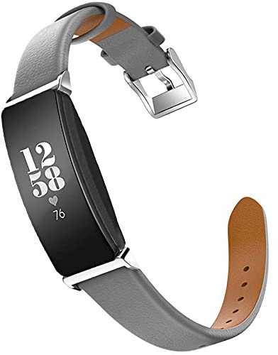 Miimall Kompatibel mit Fitbit Inspire/Inspire 2/Inspire hr Armband, Dünn Premium Leder Ersatzarmband mit Edelstahl-Verschluss Uhrenarmband für Fitbit Inspire/Inspire 2/Inspire hr - Grau