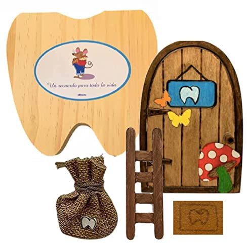 Puerta Ratoncito Pérez mágica con Caja para Dientes de leche en Español, Carta, Escalera, Bolsita, Regalo original niño niña Ratón Pérez. Hecho a mano en España. Recuerdo Infancia