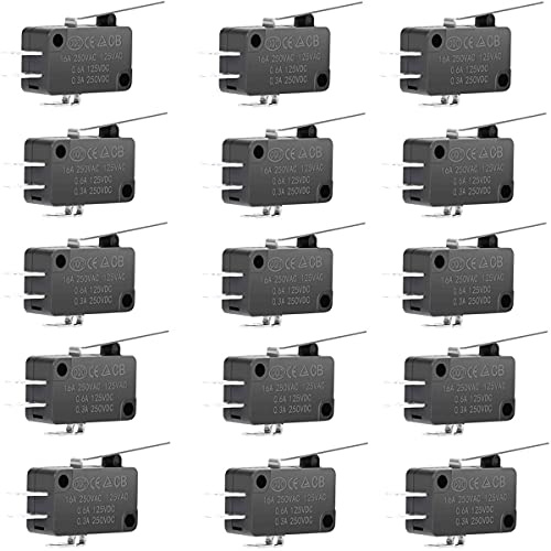 Youmile 15 Stück SPDT Micro Endschalter mit geradem langen Scharnierhebel Schalter für Arduino, Mini Endschalter mit N/O-Kontakt, 15A, 125/250VAC, 0,6A, 125VDC, 0,3A, 250VDC, KW3 von MUZHI