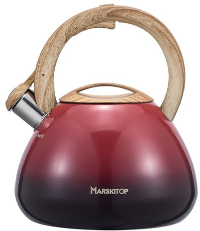 MARSKITOP Whistling Tea Kettle for Stove Top, Food Grade Stainless Steel Tea Kettle Teapot for Stovetop with Anti-Hot Ergonomic Handle, 2.6 Quart, Red