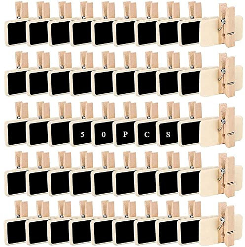50 Pièces Mini Tableau Noir Bois Clip, Mini Tableau Noir en Bois, Mini Panneau d'Affichage avec Pince, pour Étiquette de Prix, Tableau Mémo Photo, Étiquette Alimentaire, Étiquette de Fête