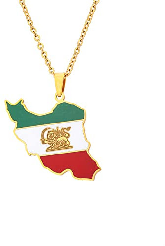 Naher Osten Iran Karte Flagge Anhänger Halskette Schmuck Charm Tropfen Glasur Karte Geometrische Hip Hop Paar Halskette Unisex Pullover Kette Für Damen Herren Geschenk,Gold,45Cm(17.7 Zoll)