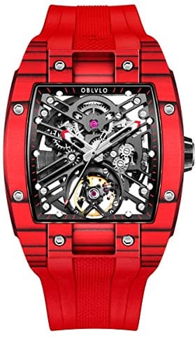 OBLVLO Top-Marke Sportuhr für Herren Tonneau Skeleton Watch Steel Automatic Mechanical Watch Rubber Strap Watches EM-ST (EM-ST-RBR1)