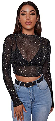 GORGLITTER Women's Star Print Mesh See Through Crop Tee Tops Lettuce Trim Long Sleeve Mock Neck T Shirts Sexy Sheer Mesh Crop Top Black L