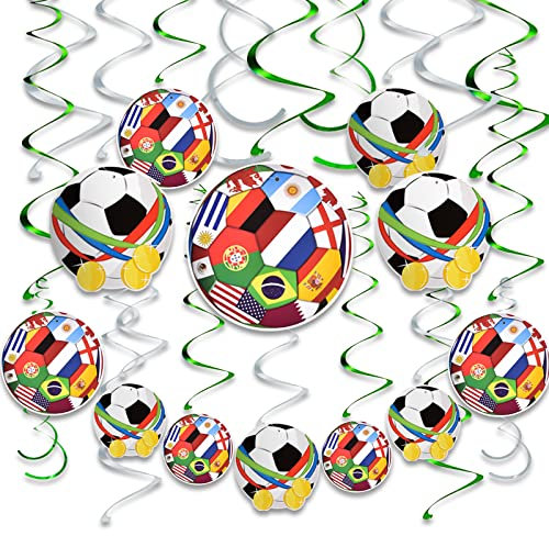 AhfuLife 28 Stück Fußball Geburtstag Party Deko Hängende Wirbel für 2025 Damen Fußball EM, Deckenhänger Spiral Fußball Flagge Hängende Spiralen Partyzubehör für WM Olympische Sportvereine Bar Deko