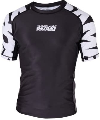 Scramble BAKA MMA Fightwear Rashguard - Black & White. Mens Short Sleeve Gym Compression Vest Top. Brazilian Jiu Jitsu Training Base Layer Shirt. BJJ Rash Guard, for Martial Arts Sports. Large